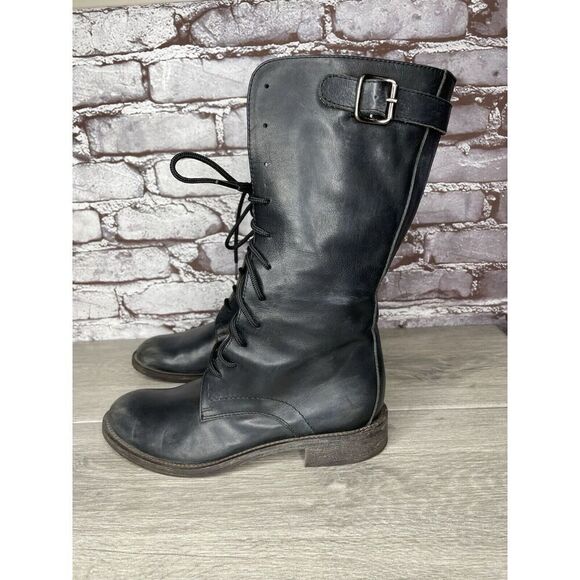 Madison et cie Blue Leather Combat Lace Up BuckleStrap Boots Women’s 36EU/6M US - Picture 1 of 16